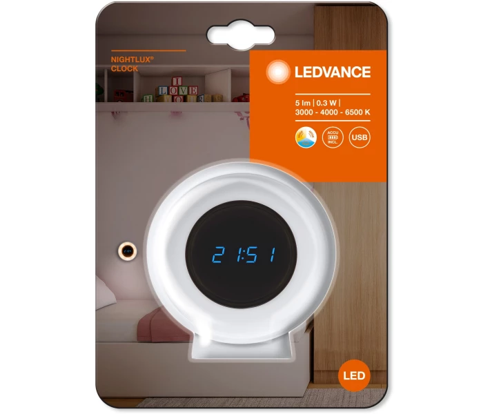Фото - нічник Нічник LEDVANCE NIGHTLUX CLOCK 0,3W 500mAh 6500K білий (4058075757721)