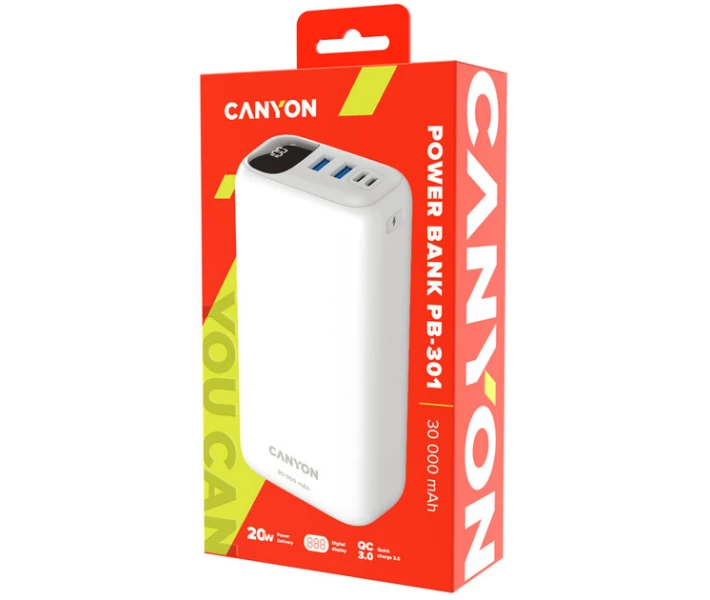 Фото - універсальну мобільну батарею Power Bank CANYON PB-301 LED 30000 mAh PD 20W QC 3.0 (CNE-CPB301W) білий