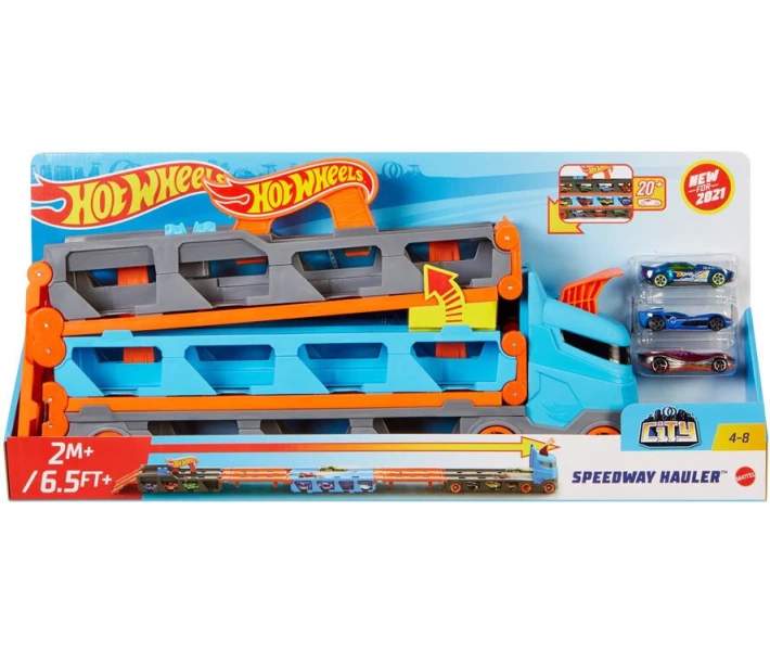 Фото - іграшковий гараж, паркінг, трек Трек Hot Wheels City Вантажівка-транспортер Супергонки 2 в 1 (GVG37)