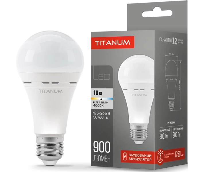 Фото - LED-лампу Світлодіодна акумуляторна лампа TITANUM A68 10W E27 4000K 220V з автономною роботою до 3 годин (TL-EMA68-10274)
