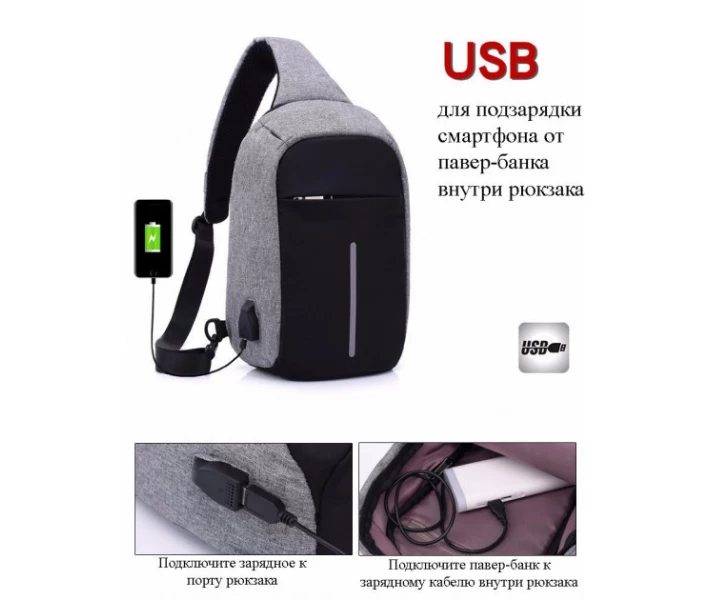 Фото - Рюкзаки Рюкзак міський антизлодій із захистом і USB-портом міні Mini сірий