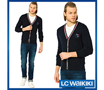 Придбати - чоловічий кардигани  Синій чоловічий кардиган LC Waikiki/ЛС Вайкікі з гербом LCW, червоно-білими смужками, на ґудзиках Кардиган, XXL, Весна/осінь, Прямий, Діловий, V-подібний, Довгий, Синій