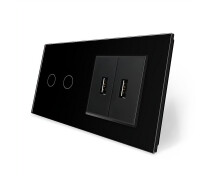 Придбати - розетку и выключатель  Сенсорний вимикач 2 сенсора 2 USB Livolo чорний скло (VL-C702/2USB-12)