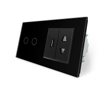 Придбати - розетку и выключатель  Сенсорний вимикач 2 сенсора 1 USB 1 розетка універсальна Livolo чорний скло (VL-C702/C7USBC1A-12)