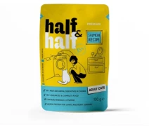 Придбати - корм для кота  Корм вологий HalfHalf для дорослих кішок шматочки з лососем у желе у формі павуча 100г (4820261920901)