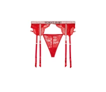 Придбати - жіночу еротичну білизну  Мереживний комплект Victoria's Secret пояс для панчіх і трусики стрінги зі стразами 1159820005 (Червоний M) (art965210)