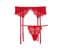Придбати - жіночу еротичну білизну  Мереживний комплект Victoria's Secret пояс для панчіх і трусики стрінги 1159820260 (Червоний S) (art238649)
