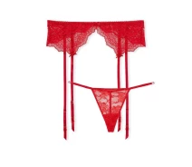 Придбати - жіночу еротичну білизну  Мереживний комплект Victoria's Secret пояс для панчіх і трусики стрінги зі стразами 1159820265 (Червоний M) (art232860)