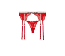 Придбати - жіночу еротичну білизну  Мереживний комплект Victoria's Secret пояс для панчохи та трусики тонг зі стразами 1159823704 (Червоний L) (art717227)