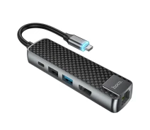 Придбати - кардрідер  USB Hub адаптер Hoco HB23 Type-C HDTV/USB3.0/USB2.0/RJ45 Ethernet/Type-C PD60W, Gray