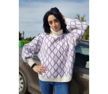 Придбати - жіночий светр  Світер жіночий оверсайз у візерунок Flex Moda Молочний з бузковим (А-1772 3XL/52)
